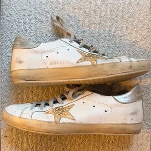 Golden Goose Superstar Leather Low-top White Sneakers with Pink Sparkles
